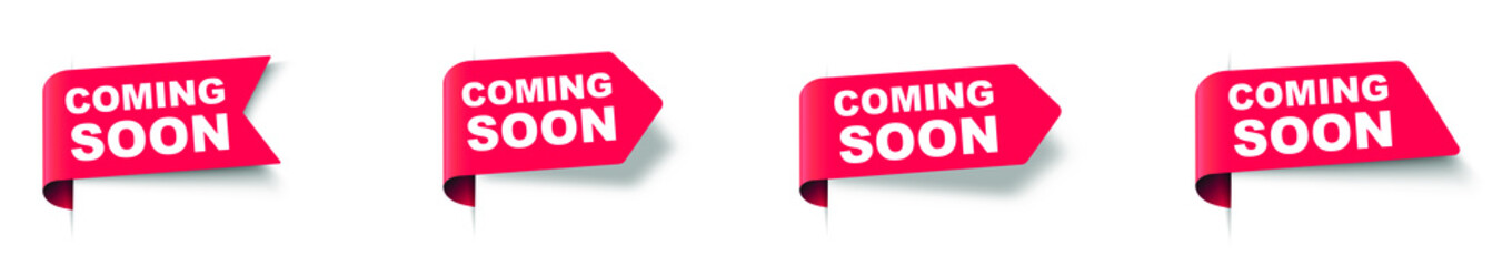 Modern red vector banner set ribbon coming soon. Web element.