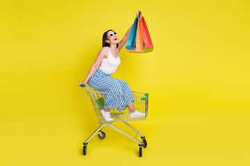Portrait of pretty cheerful girl sitting in cart holding new clothes having fun isolated over...