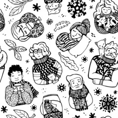 Seamless cute winter pattern. Diverse people in warm clothes, snowflakes and leaves. For fabric, clothing, postcards, design, wallpaper, wrapping paper.