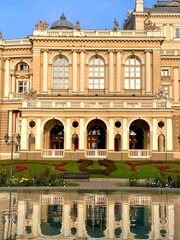 Fototapeta na wymiar Odesa National Academic Opera and Ballet Theater in Ukraine. The exterior of the opera house. August morning in Odessa. Beautiful European architecture. Space for text.