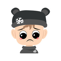 Child with crying and tears emotion, sad face, depressive eyes in bear hat with snowflake. Head of cute child with melancholy expression in carnival costume or winter headdress. Head of adorable kid