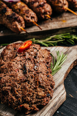 mix kebab meat. Kebab adana, chicken, lamb and beef. vertical image. top view