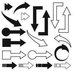 A collection of black isolated arrows on a white background. A large set of flat pointers. vector graphics for web applications, website design, flat vector graphics