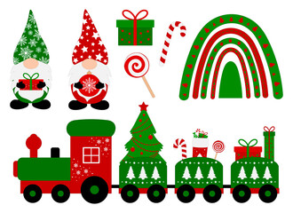 Set Christmas Gnomes rainbow train vector illustration