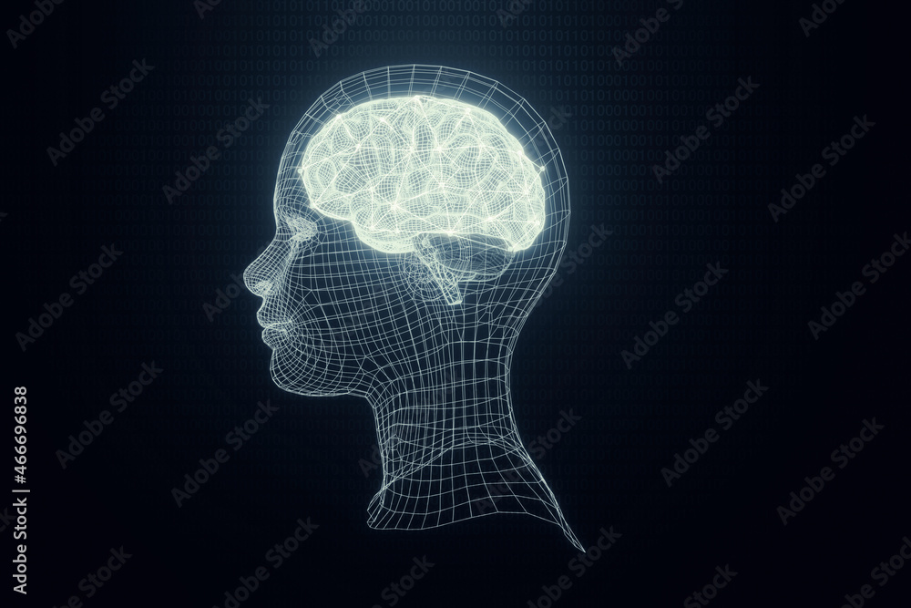 Poster wireframe head design with brain and futuristic technology concept. 3d rendered head and brain artif