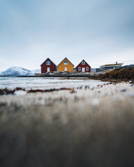 A typical red and colorful cottage of the Norwegian culture and architecture in Norway . High...