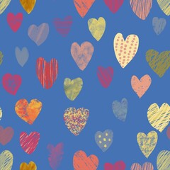 Seamless pattern funny decorative hearts on a blue background