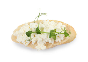 Bread with cottage cheese and microgreens on white background, top view