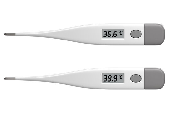 Two isolated electronic thermometers with normal and high temperature markings on the display. Frontal view. 3d rendering.