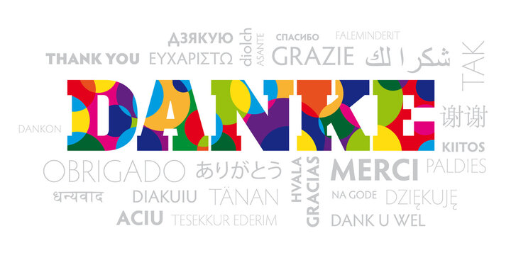 DANKE - übersetzt in viele Sprachen - bunt auf weißem Hintergrund
