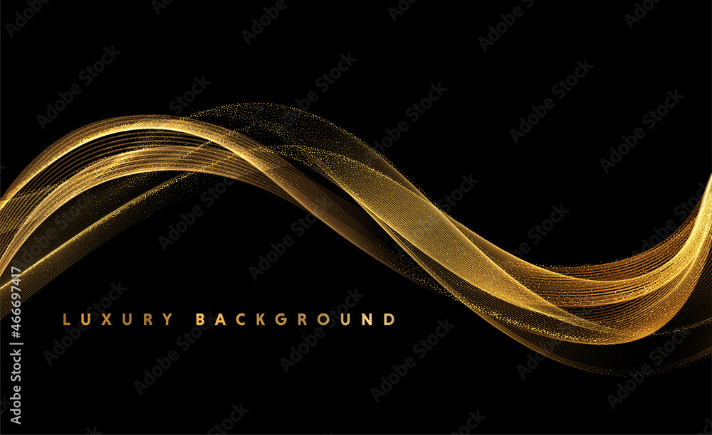 Poster Abstract Gold Waves. Shiny golden moving lines design element with glitter effect on dark background for greeting card and disqount voucher.