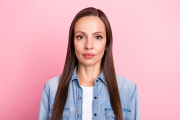 Photo of nice agent mature brown hair lady wear jeans shirt isolated over pink color background