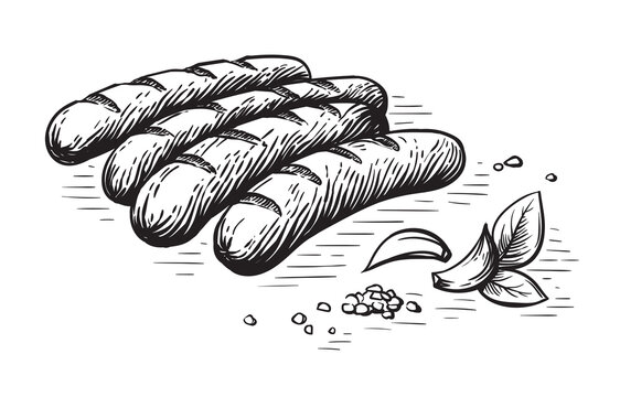 four sausages are on the table with spices sketch, hand drawn