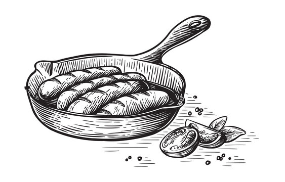 fried sausages in a frying pan sketch