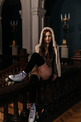 portrait of a woman leopard body long hair  roller skate