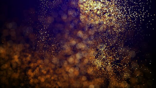 Christmas magic abstract golden stardust glittering particles dynamic swirl glowing sparkles. 4K UHD 3D video loop blurred background design template.