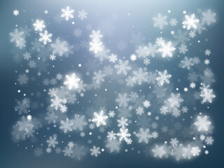 Falling Snow On The Blue Background. Winter background with falling snowflakes.