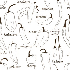 Chili peppers seamless background, hand drawn food vector pattern