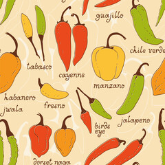 Chili peppers seamless background, hand drawn food vector pattern