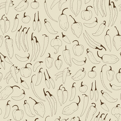 Chili peppers seamless background, hand drawn food vector pattern