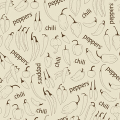 Chili peppers seamless background, hand drawn food vector pattern