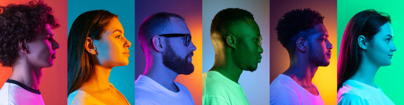 Side view collage of an ethnically diverse young people looking away isolated over multicolored background.