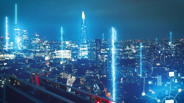 Aerial reveal of digital city with data rays and communication icons in London, UK - 3D render