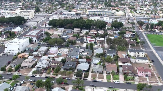 City of Crenshaw district, urban residential neighborhood of houses, poor South Central area, aerial view