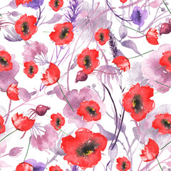 Watercolor seamless pattern, background with a floral pattern. vintage drawings of plants, flowers,poppy, berry. Wild plant, grass. Watercolor lavender flower, grass. Autumn pattern.provance lavender