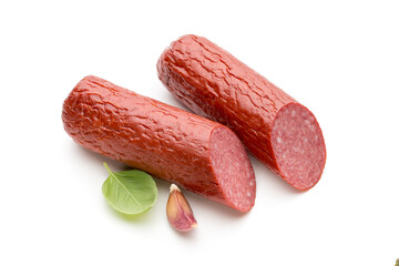 Salami smoked sausage, basil leaves on white background cutout.