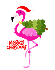 Merry Christmas - Calligraphy phrase for Christmas with cute flamingo girl. Hand drawn lettering for Xmas greetings cards, invitations. Good for t-shirt, mug, scrap booking, gift.
