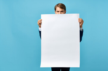 businessmen white banner in hand blank sheet presentation blue background