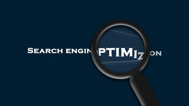 Search Engine optimization Under Magnifying glass Animation. SEO Phrase Looped with glass loupe. top View blue Background 