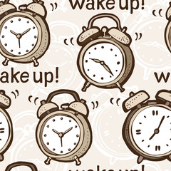 Retro pattern with hand drawn ringing alarm clocks and text messages, vector vintage background