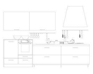 Contour of the kitchen from black lines isolated on a white background. Front view. Vector illustration