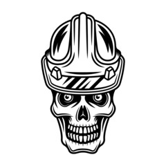 Skull in worker hard hat vector illustration in monochrome vintage style isolated on white background