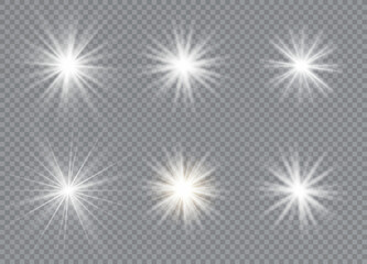 Set of bright stars. Sunlight translucent special design light effect. Vector illustration.