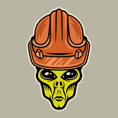 Alien in worker hard hat vector illustration in colorful cartoon style isolated on light background