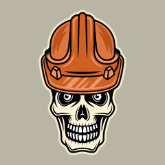 Skull in worker hard hat vector illustration in colorful cartoon style isolated on light background