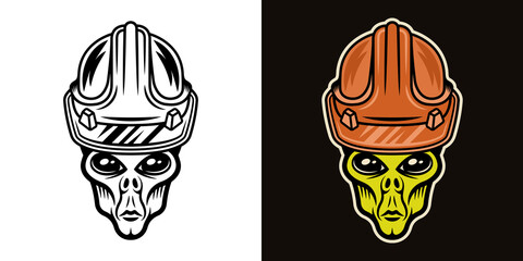 Alien in worker hard hat vector illustration in two styles black on white and colorful on dark background