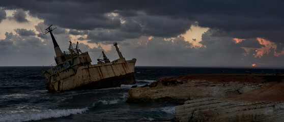 Fototapeta na wymiar Edro III Shipwreck At Sunset