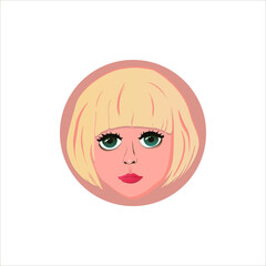 Sad girl with blue eyes. The character of the head of a blonde with very large eyes is on the background of a circle