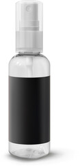 Transparent plastic cosmetic bottle with spray and black empty label realistic vector illustration. Container for sanitizer, mist, thermal water. Travel format beauty product package