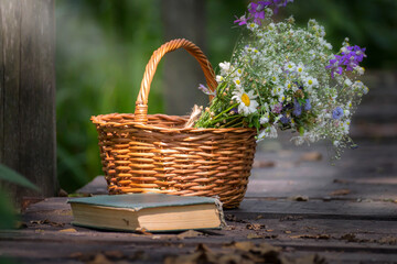 Fototapeta na wymiar A basket of wildflowers and a book lie on a small bridge across the river.