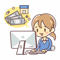 パソコンからネットバンキングを利用する女性のイラスト