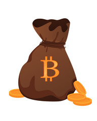 A full bag of gold bitcoins. the concept of modern earnings and savings. flat vector illustration