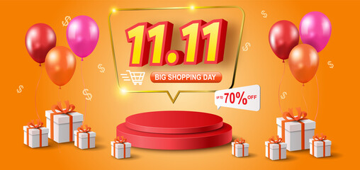 11.11 sale product banner, podium platform with geometric shapes, 
sale promotion with a discount offer on a special occasion, give voucher, poster or background.