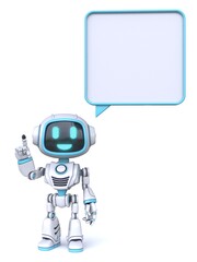 Cute blue robot with blank rectangle comics bubble 3D