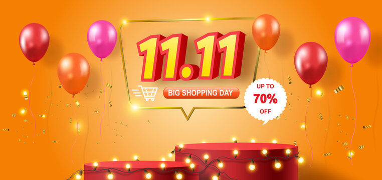 11.11 sale product banner, podium platform with geometric shapes, 
sale promotion with a discount offer on a special occasion, give voucher, poster or background.
