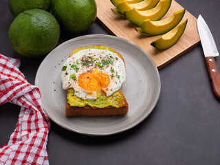 Toast with avocado and eggs served on a plate. Top view. Space for text. High vitamin fruit. Healthy fruit concept